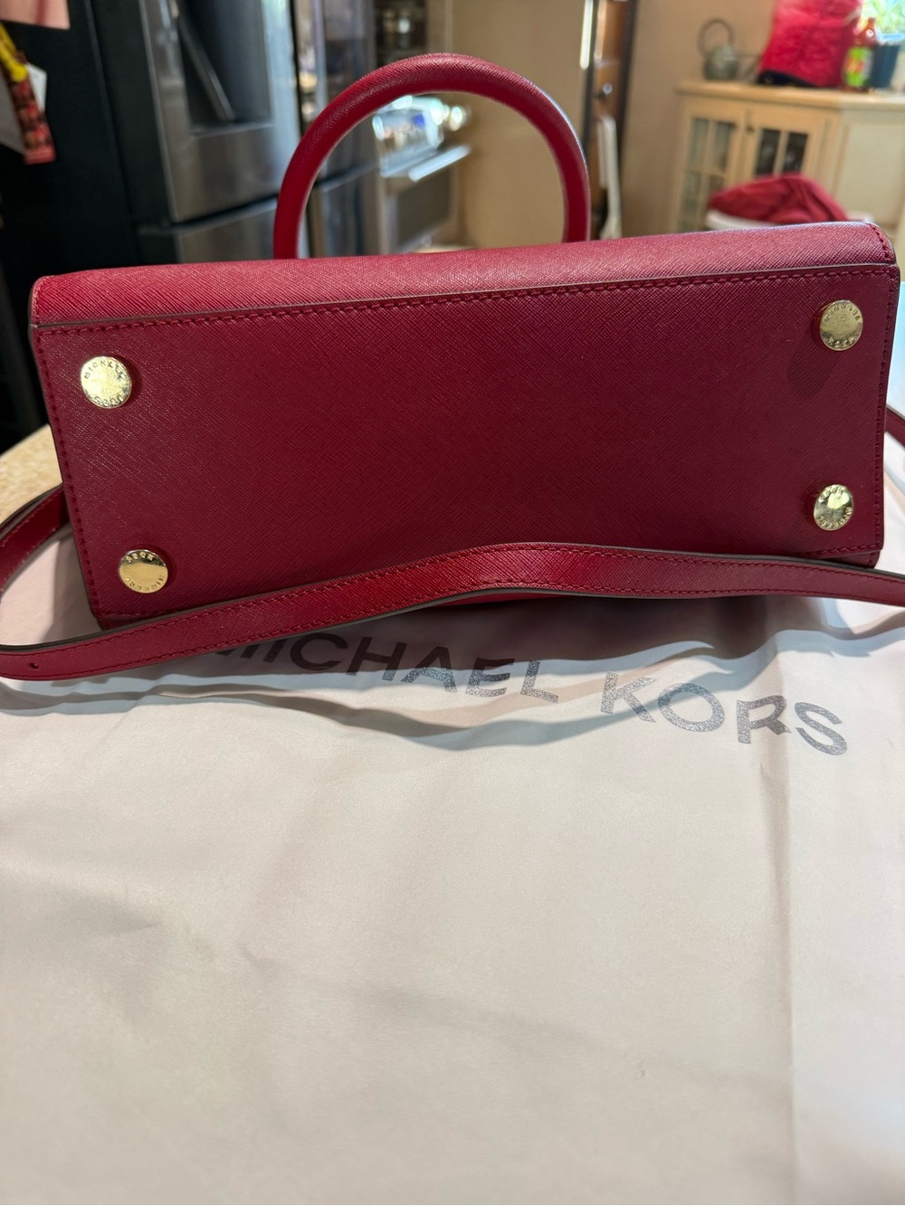 Michael Kors Cherry Red Saffiano Leather Satchel with Shoulder Strap - Picture 3 of 10